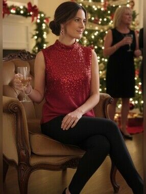 Once Again XL Red Metallic Sequin Sleeveless Mock-Neck Top - XL